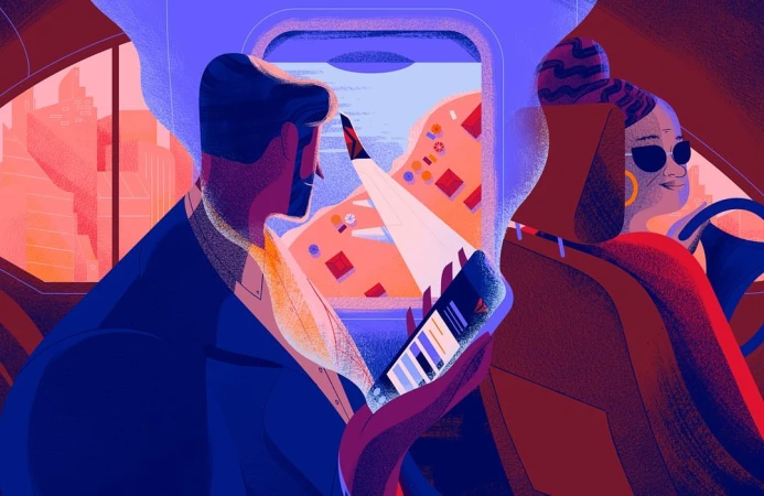 Illustration of a man looking at a phone, with a woman driving and a city visible outside the window of a plane.