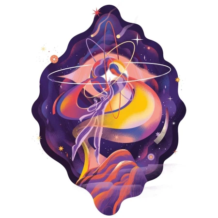 Illustration of a stylized human figure reaching towards an atomic structure, set against a backdrop of colorful, abstract cosmic shapes.