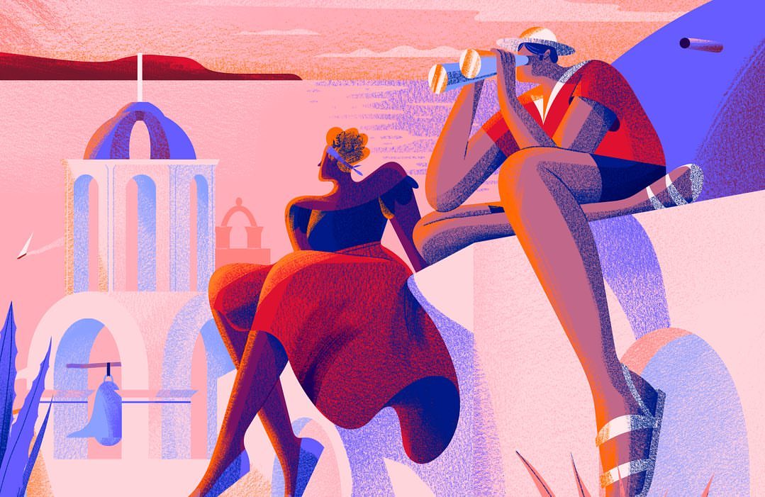 Illustration of a couple sitting on a rooftop, overlooking a coastal town with white buildings and a pink sky, evoking a sense of travel.
