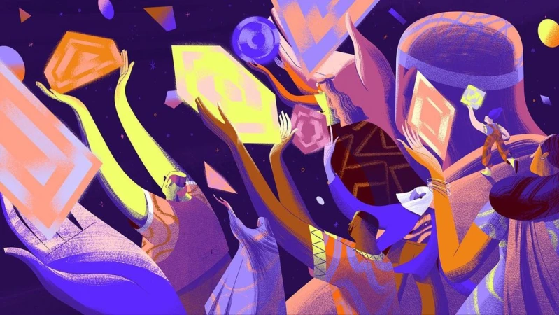 Illustration of stylized figures reaching for geometric shapes in an abstract, otherworldly setting with purple and yellow tones.