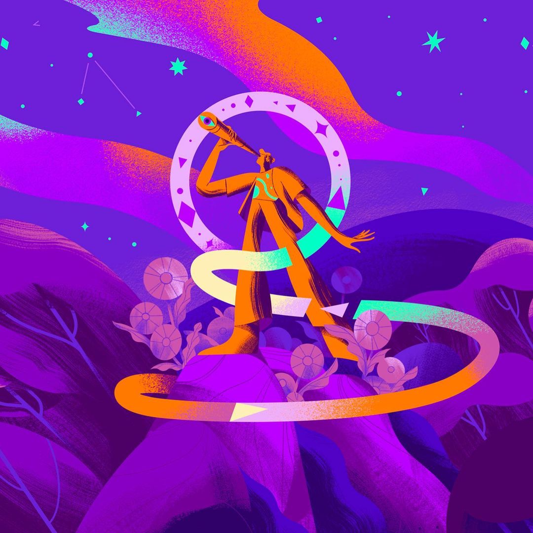Illustration of a person standing on a mountain looking through a telescope with a ring and stars in the vibrant purple sky.