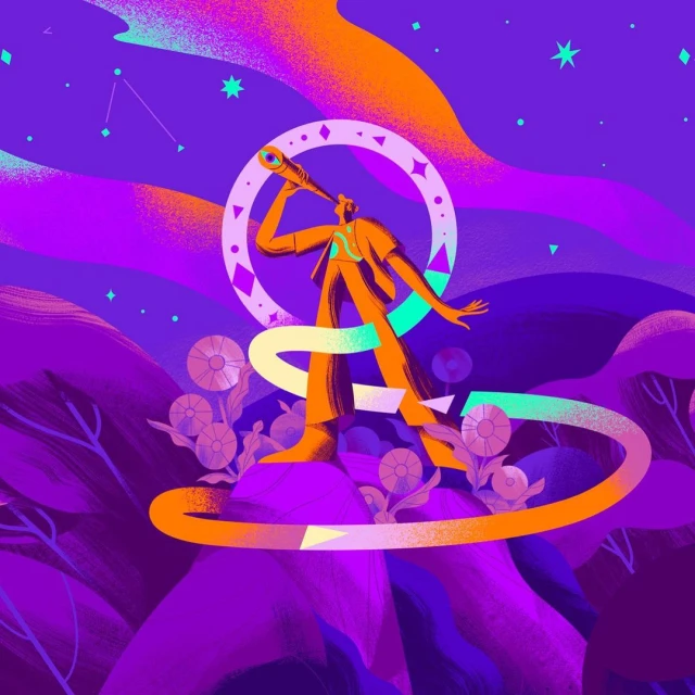 Illustration of a person standing on a mountain looking through a telescope with a ring and stars in the vibrant purple sky.