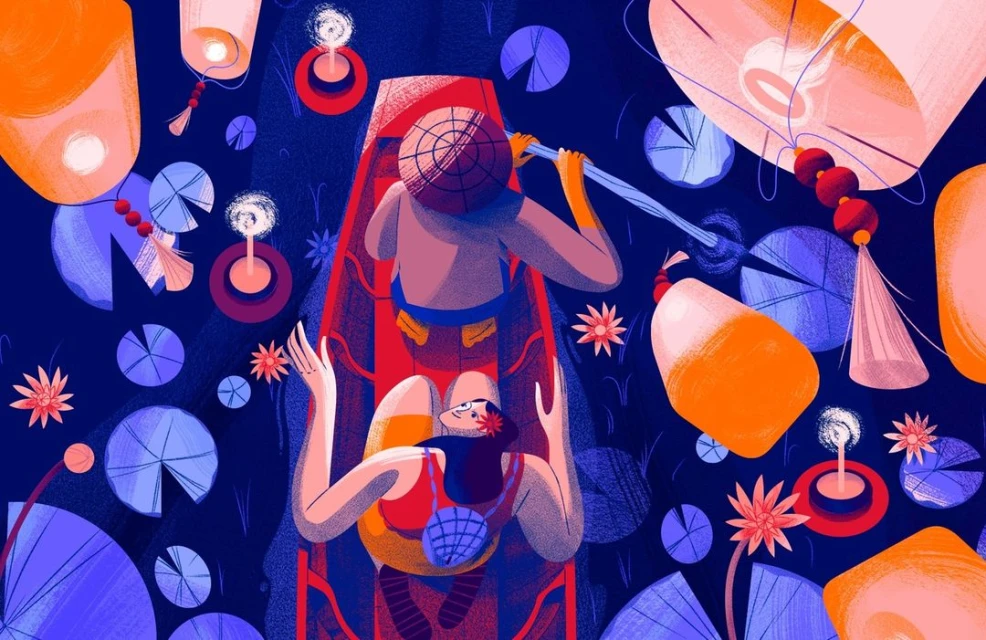 Illustration of two people in a red boat surrounded by floating lotus-shaped lanterns and lotus leaves on dark blue water.