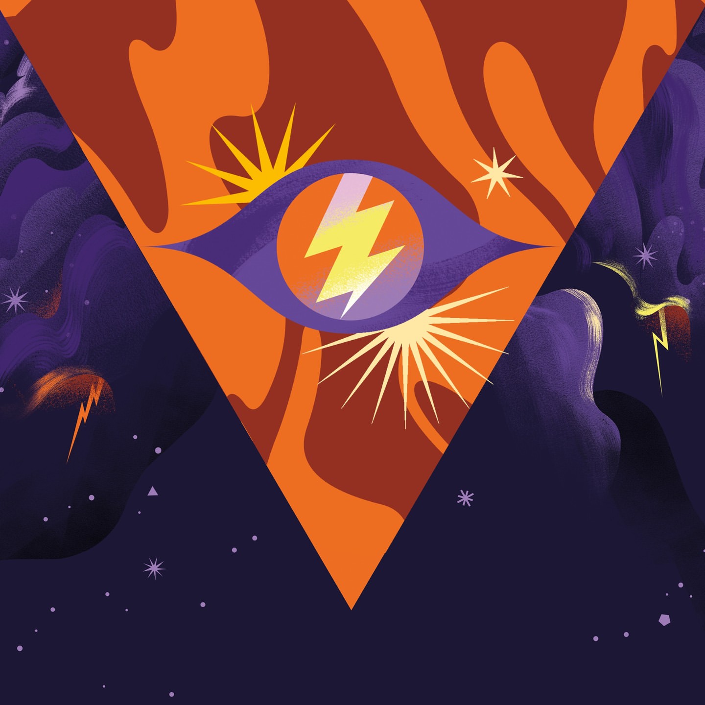 Graphic art with central eye motif surrounded by stars, lightning bolts, and abstract shapes in hues of orange, purple, and gold.