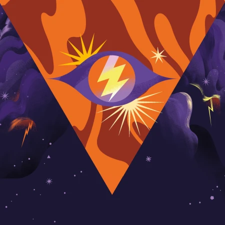 Graphic art with central eye motif surrounded by stars, lightning bolts, and abstract shapes in hues of orange, purple, and gold.