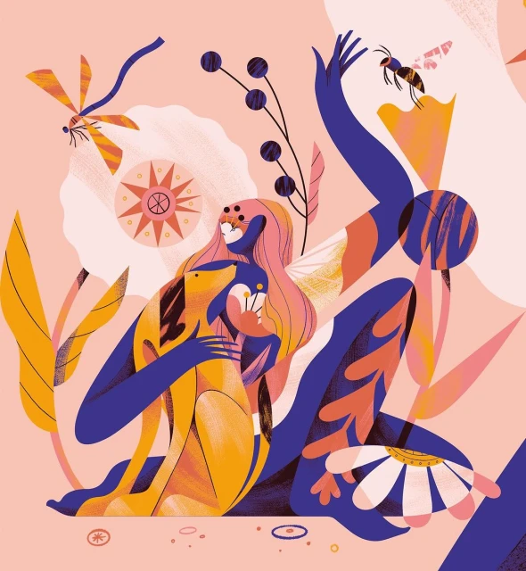 Illustration of a woman with long pink hair, hugging a dog, with a dragonfly, bee, and flower accents on a peach-toned background.