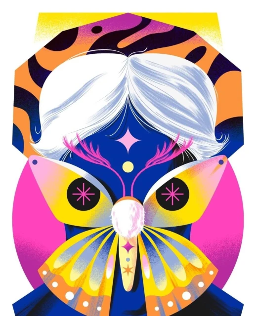 Colorful illustration of a person with white hair and moth wings near their eyes against pink, orange, and blue geometric shapes.