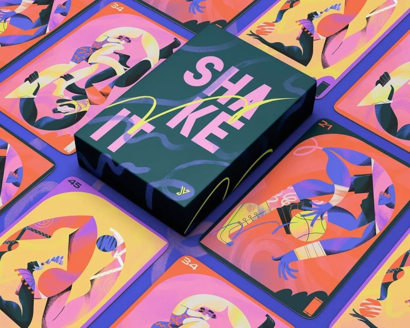 Illustration of a deck of cards featuring colorful abstract figures, presented in a dynamic and artistic composition with vibrant hues.
