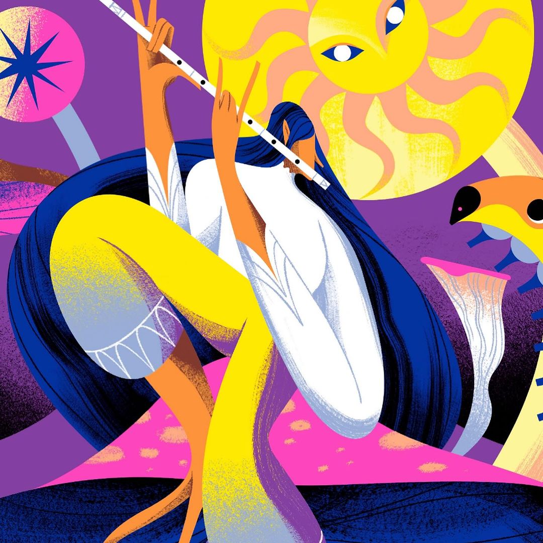 Artistic illustration of a woman with long blue hair playing the flute, with a sun and mushrooms in a surreal, colorful landscape.