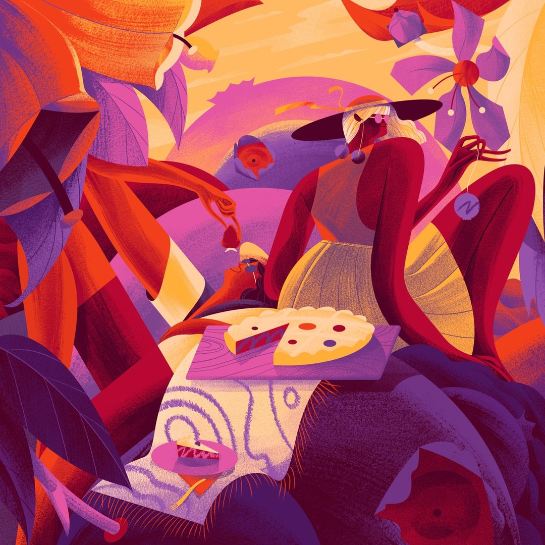 Illustration of two people having a picnic with pie and drinks, surrounded by colorful flowers and foliage in shades of purple, orange, and yellow.