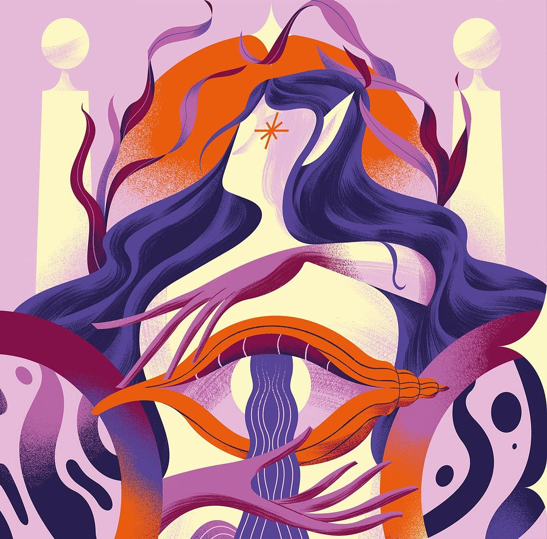 Illustration of a woman with long purple hair and outstretched hands against a cream background with orange and purple accents.