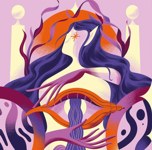 Illustration of a woman with long purple hair and outstretched hands against a cream background with orange and purple accents.