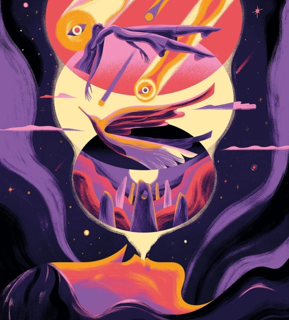 Illustration of a woman looking up at a cosmic scene of falling comets, a flying bird, and landscape, all within circular frames.