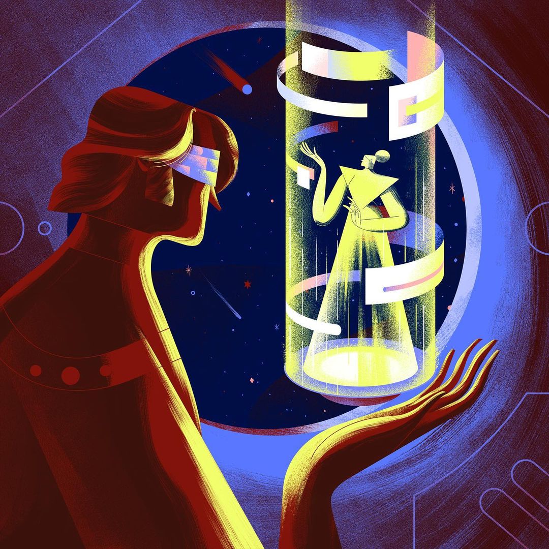 Illustration of a woman wearing VR glasses looking at a floating holographic figure inside a cylindrical column of light with graphic elements.