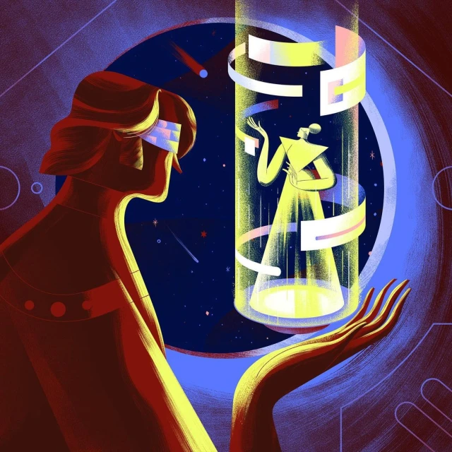 Illustration of a woman wearing VR glasses looking at a floating holographic figure inside a cylindrical column of light with graphic elements.