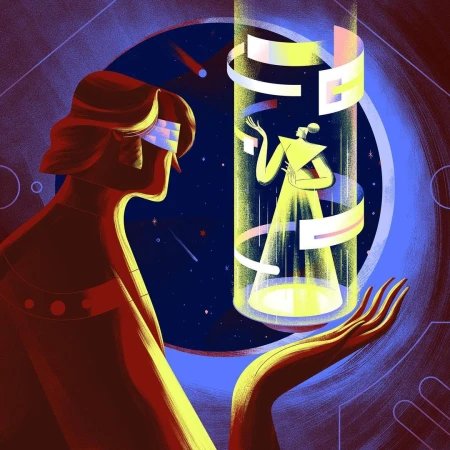Illustration of a woman wearing VR glasses looking at a floating holographic figure inside a cylindrical column of light with graphic elements.