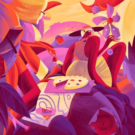 Vibrant illustration of figures picnicking amid oversized flora with a pie and purple flowers, by illustrator Adamastor.