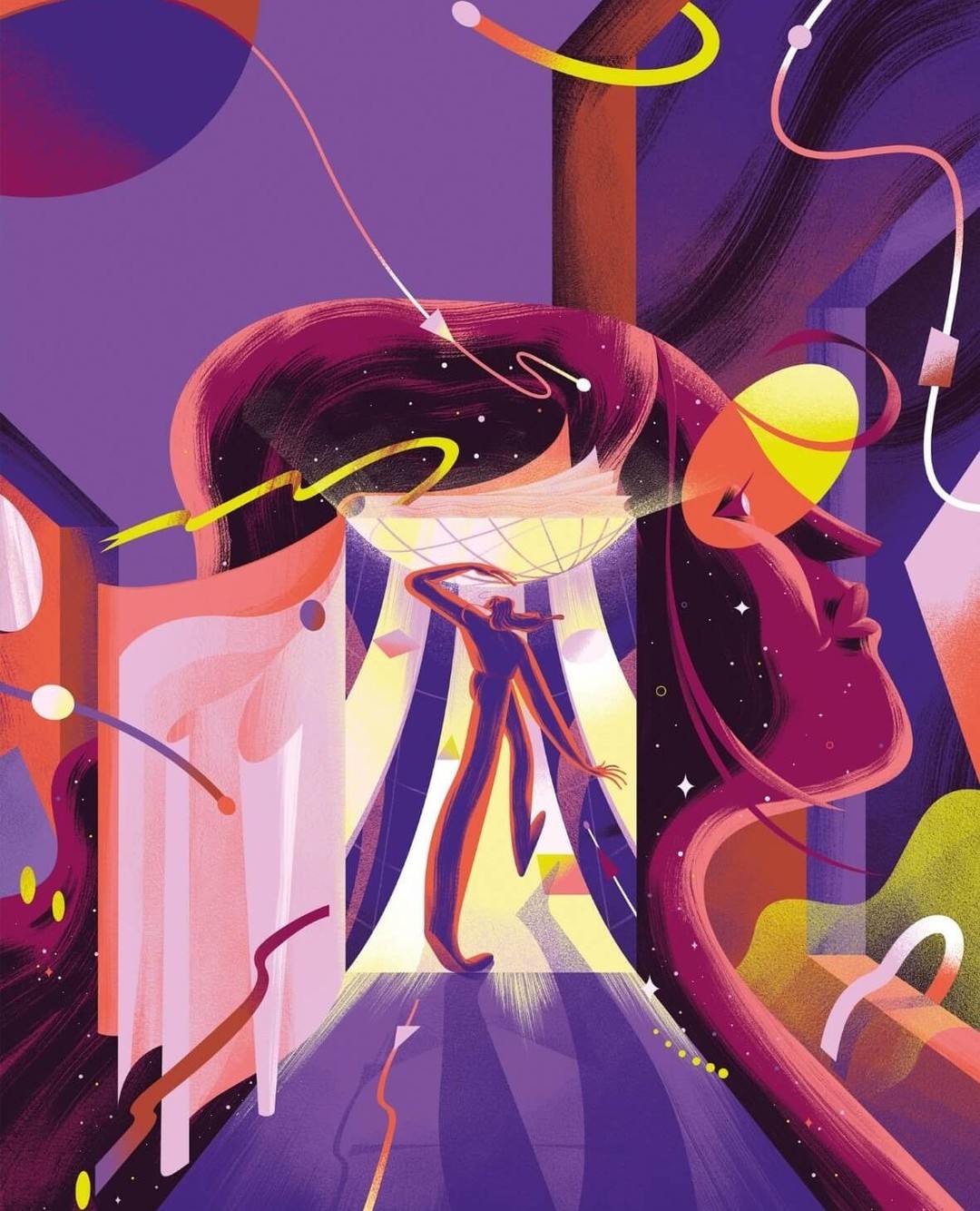 Illustration of a stylized figure standing beneath a disco ball in a colorful and surreal indoor setting with geometric shapes.