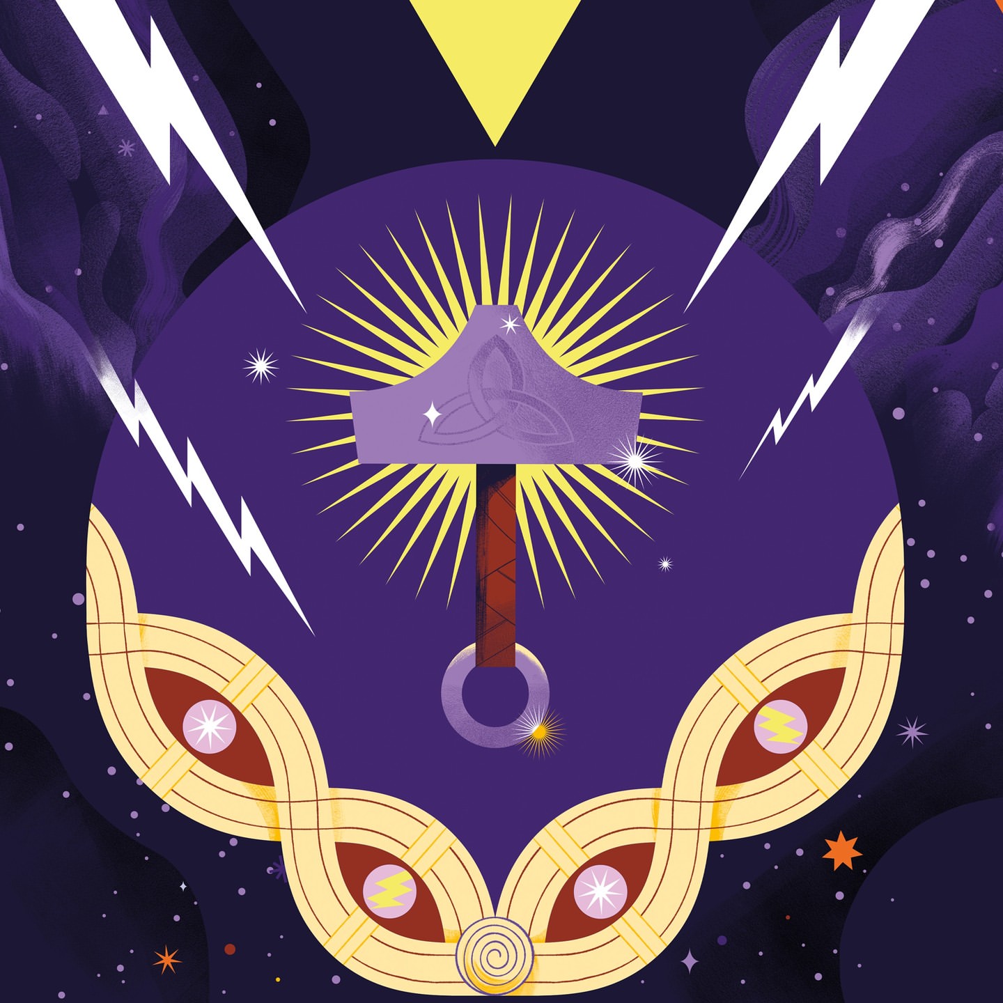 Illustration of Mjolnir, Thor's hammer, with light rays emanating from it, set against a starry, galactic background in purple and yellow tones.