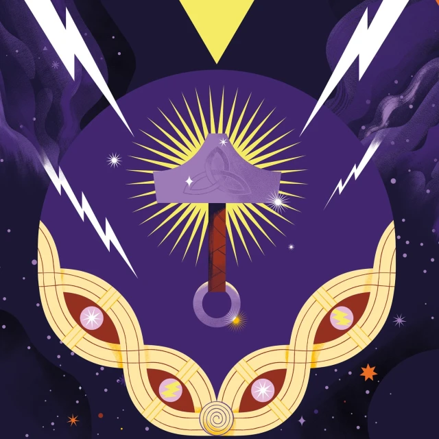 Illustration of Mjolnir, Thor's hammer, with light rays emanating from it, set against a starry, galactic background in purple and yellow tones.