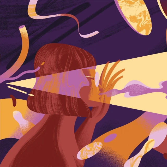 Illustration of an adult female with hand near face, glasses, bobbed hair, set against a purple backdrop with geometric shapes.