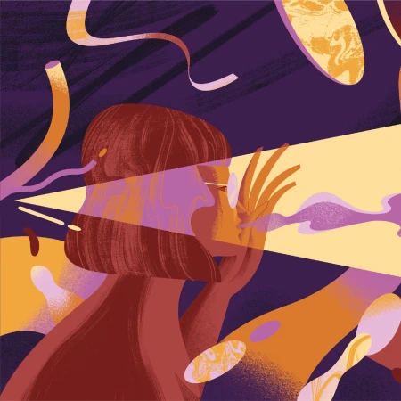 Illustration of an adult female with hand near face, glasses, bobbed hair, set against a purple backdrop with geometric shapes.