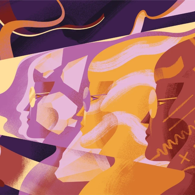 Illustration of four women's profiles layered in shades of violet, pink, orange, and brown against a purple backdrop with abstract shapes.
