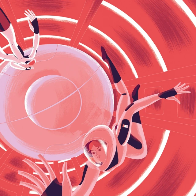 Illustration of two people in space suits floating inside a red tunnel with a view of a bright orb.