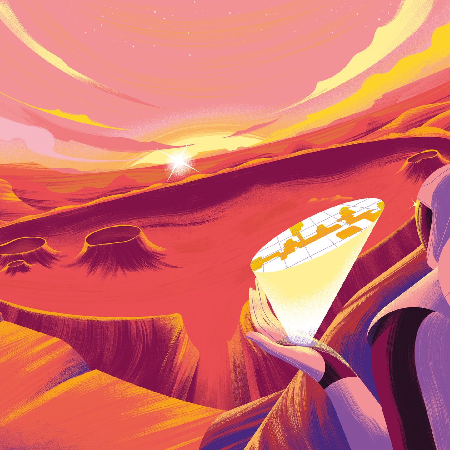 Illustration of a person holding a glowing object in a desert landscape at sunset, featuring orange dunes and crater-like formations.