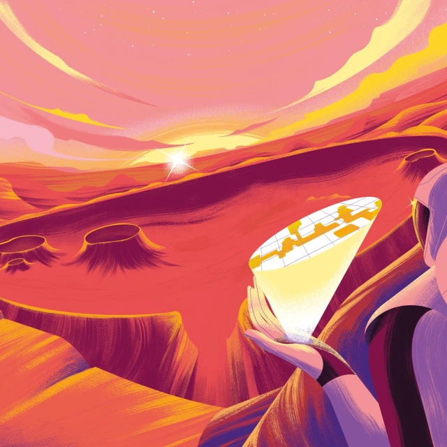 Illustration of a person holding a glowing object in a desert landscape at sunset, featuring orange dunes and crater-like formations.