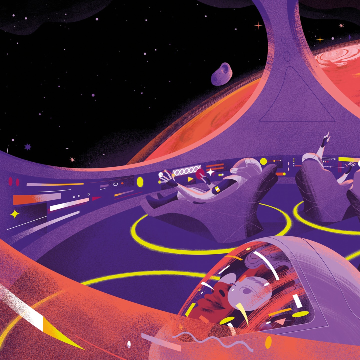 Illustration of two astronauts in a spaceship lounge, viewing a red planet and starry sky, in a stylized, graphic art style.