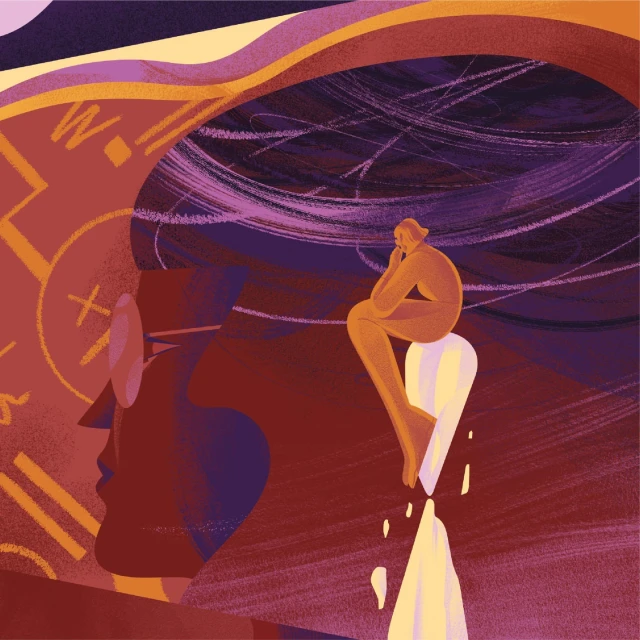 Illustration of woman sitting on a head with linear hair, facing another head with geometric designs on a terracotta and purple background.