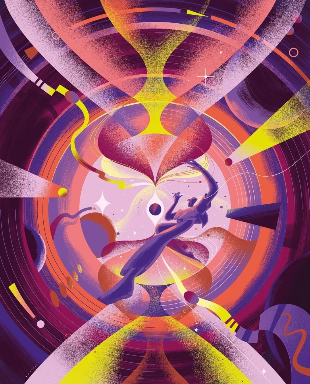 Abstract illustration featuring a central stylized figure in a dynamic pose, surrounded by vibrant geometric shapes and cosmic elements.