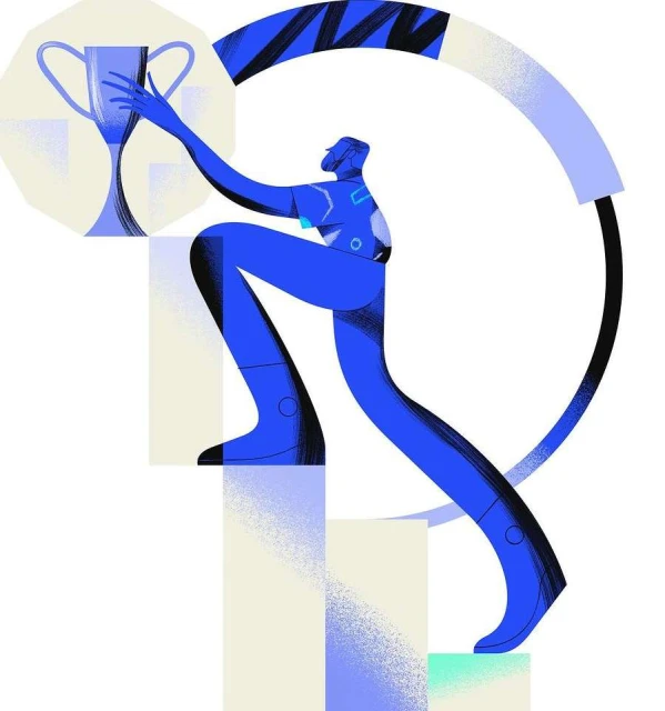 Illustration of a person climbing stairs toward a trophy, depicted in a blue monochromatic palette with geometric shapes and a white backdrop.