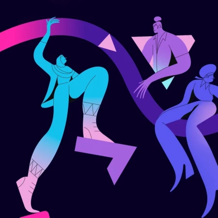 Digital illustration of three stylized people connected by graphic design elements in shades of pink, blue, and purple on a dark background.