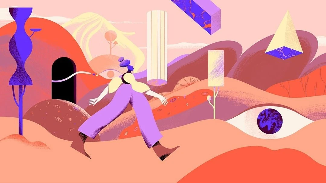 Whimsical digital artwork with a woman walking through abstract landscape, featuring geometric shapes and surreal eye.