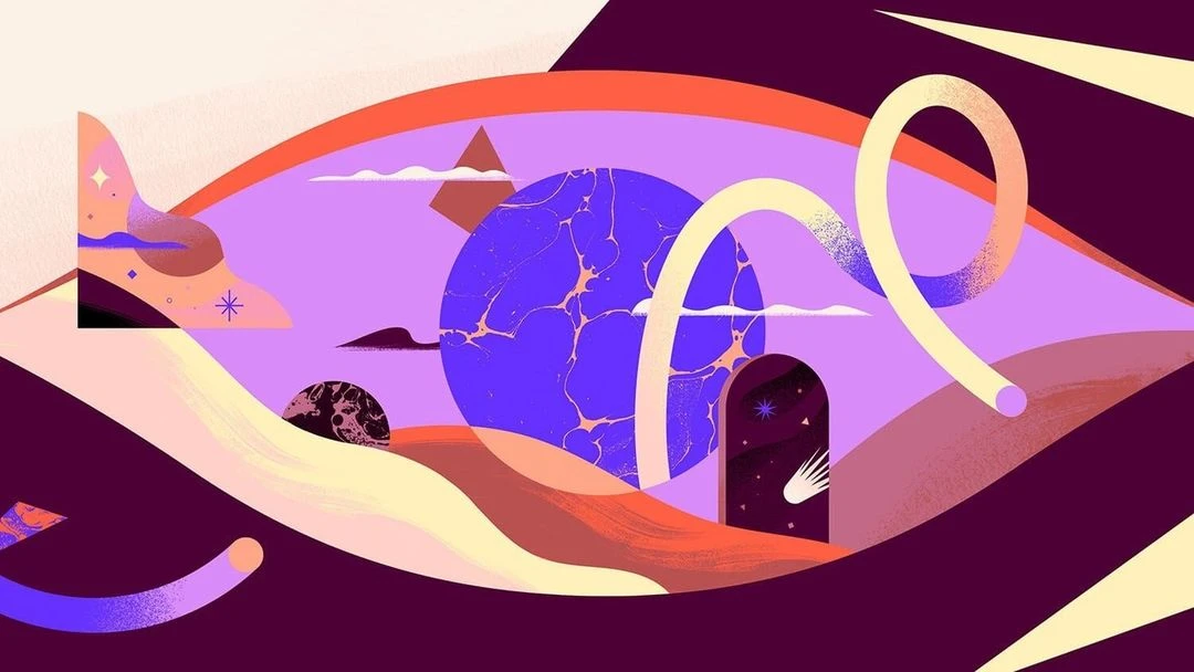 Abstract landscape art illustration features a large planet, shooting star, and rolling hills in shades of purple, orange, and tan.