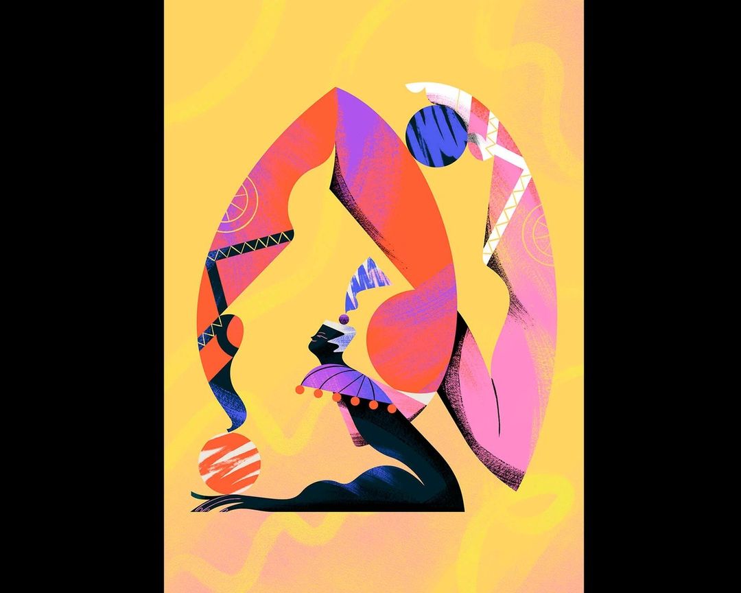 Stylized digital illustration of two dark-skinned figures in dynamic poses on a yellow background, showcasing artful composition and design.