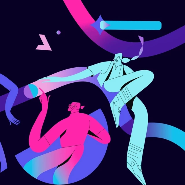 Abstract vector illustration of two people in pink and teal, with rounded shapes and graphic elements against a dark background.