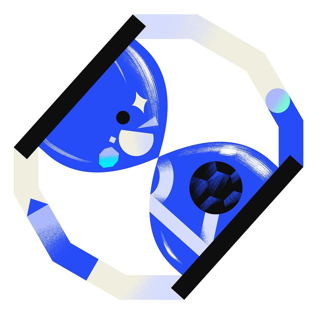 Abstract geometric graphic design features blue spheres connected by a geometric framework with dark and light gradients on a white background.