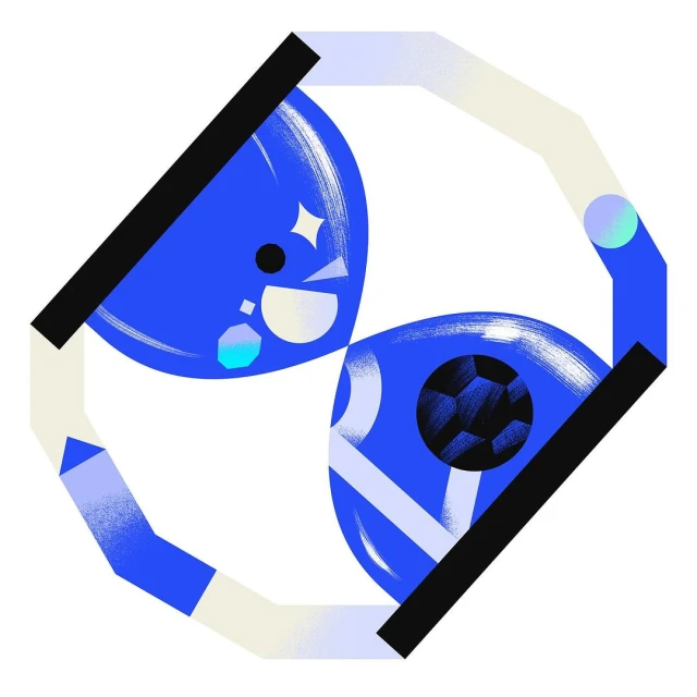 Abstract geometric graphic design features blue spheres connected by a geometric framework with dark and light gradients on a white background.