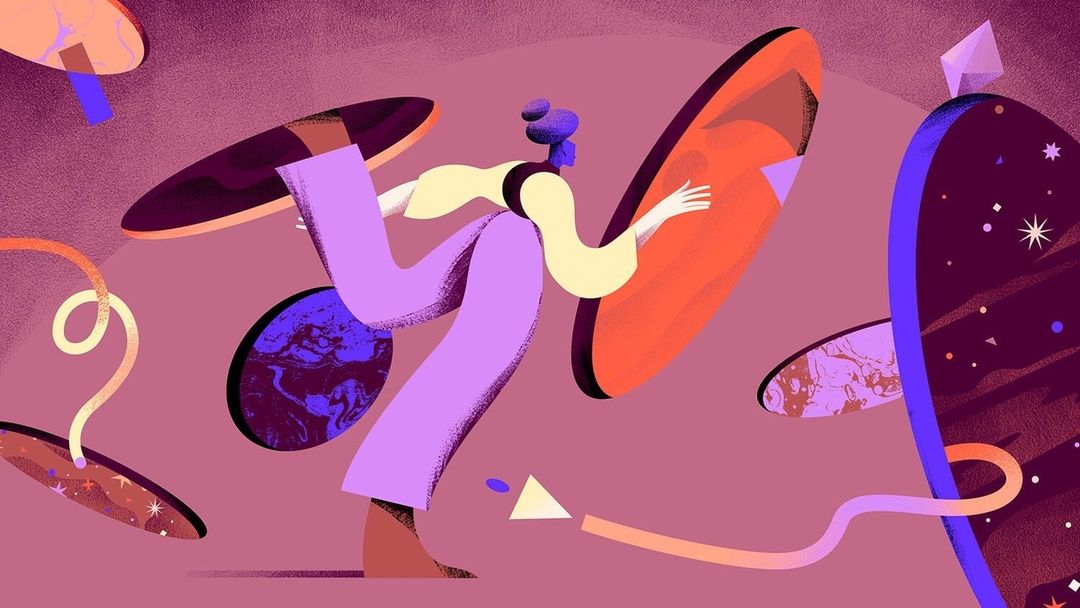 Stylized illustration of a woman in purple pants balancing in an abstract cosmos with planets and geometric shapes on a pink background.