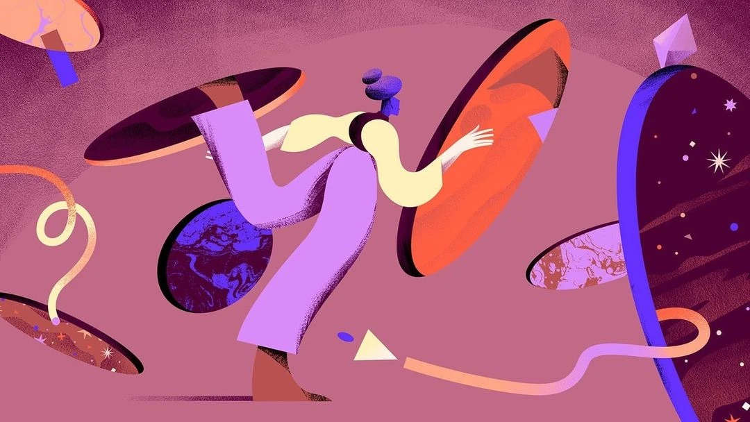 Stylized illustration of a woman in purple pants balancing in an abstract cosmos with planets and geometric shapes on a pink background.