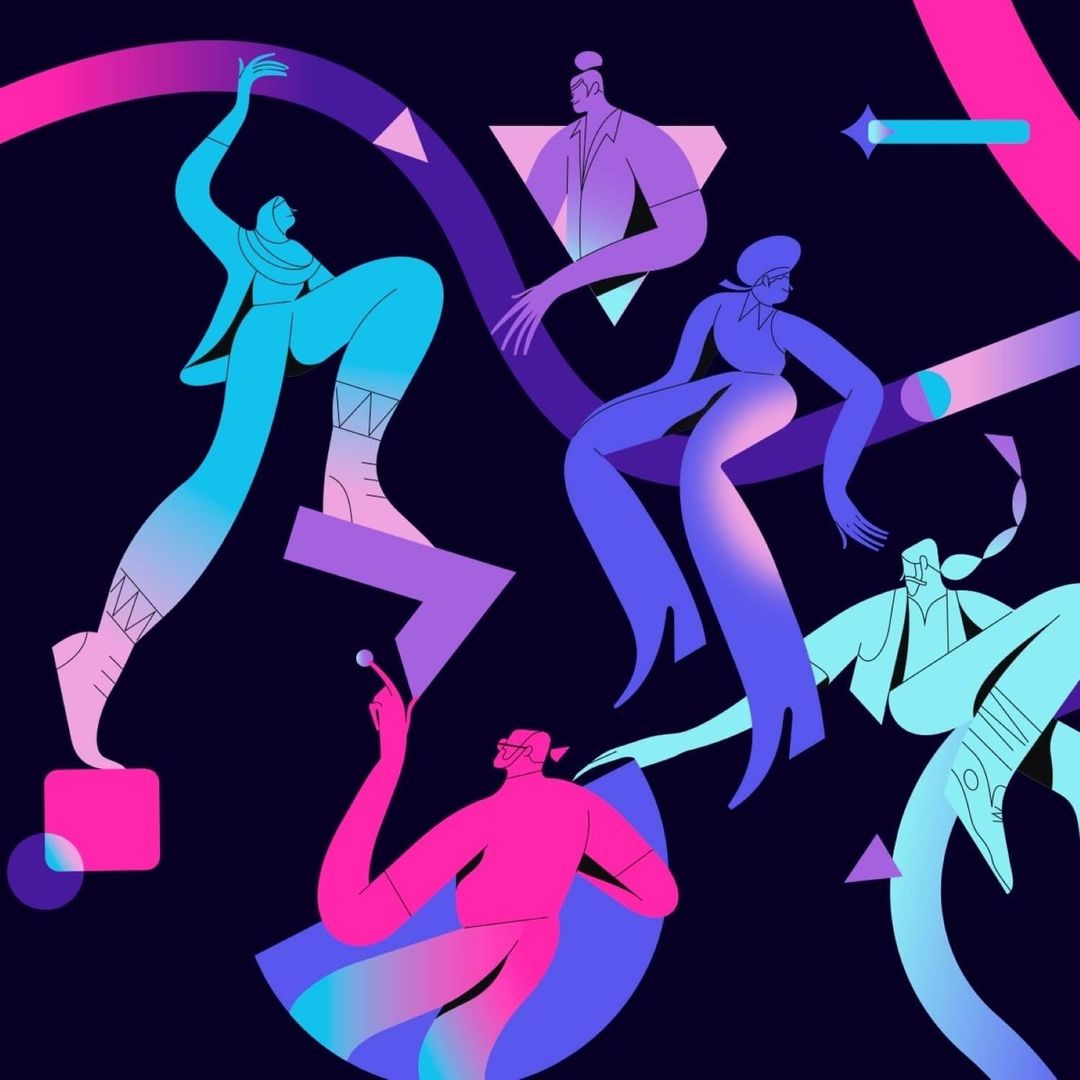 Illustration of five figures in different poses, rendered in shades of pink, purple, and turquoise on a dark background with geometric shapes.