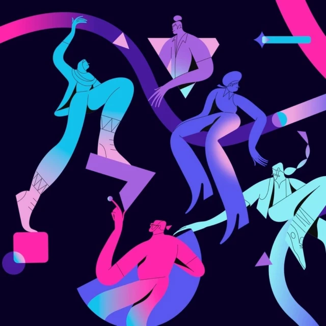 Illustration of five figures in different poses, rendered in shades of pink, purple, and turquoise on a dark background with geometric shapes.