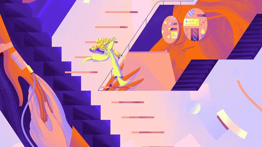 Digital art illustration of a fair-skinned adult running up stairs, arm with IV drip, science graphics; hues of purple, orange, yellow, and white.