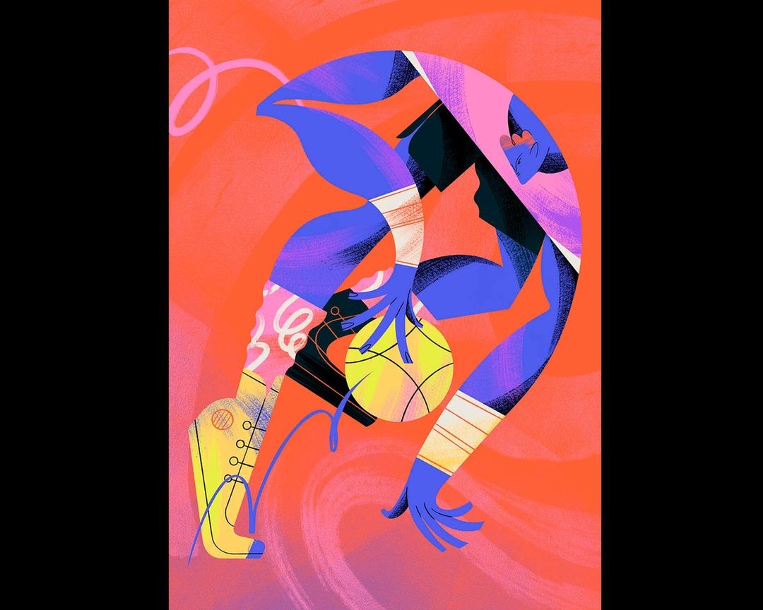 Illustration of a basketball player in motion, rendered with vibrant colors and dynamic lines on an orange background.