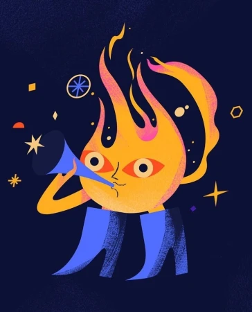 Illustration of a personified flame wearing boots and blowing a trumpet in a dark blue speckled environment, with stars and shapes.