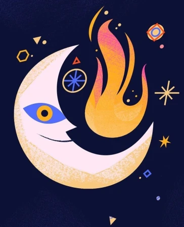 Whimsical illustration of a crescent moon with a face next to stylized orange and pink flame, stars, and geometric shapes on a dark background.