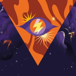 Digital illustration featuring a central purple eye with a lightning bolt pupil inside an inverted orange triangle against a dark sky